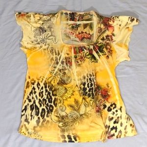 Yellow multi print flutter sleeve top